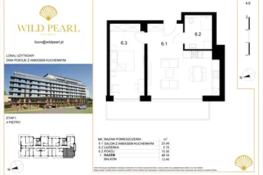 Rzut - Mieszkanie na sprzedaż 2 pokoje o powierzchni 47,12 m² - numer 4.6 w Wild Pearl 23% VAT