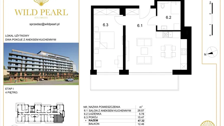 Rzut - Mieszkanie na sprzedaż 2 pokoje o powierzchni 47,32 m² - numer 39 w Wild Pearl 23% VAT