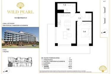 Rzut - Mieszkanie na sprzedaż 2 pokoje o powierzchni 40,23 m² - numer 4.1 w Wild Pearl 23% VAT