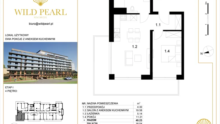 Rzut - Mieszkanie na sprzedaż 2 pokoje o powierzchni 40,23 m² - numer 4.1 w Wild Pearl 23% VAT