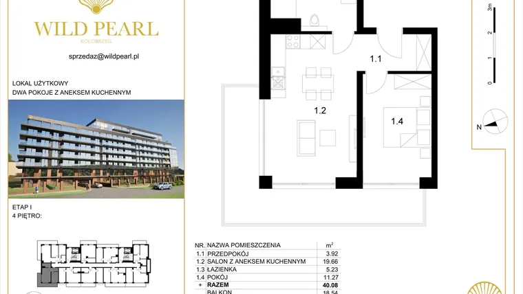 Rzut - Mieszkanie na sprzedaż 2 pokoje o powierzchni 40,08 m² - numer 35 w Wild Pearl 23% VAT