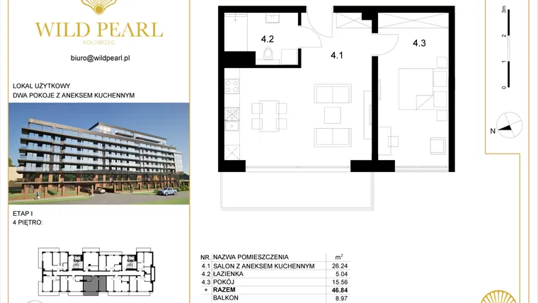 Rzut - Mieszkanie na sprzedaż 2 pokoje o powierzchni 46,84 m² - numer 4.4 w Wild Pearl 23% VAT