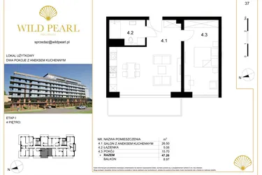 Rzut - Mieszkanie na sprzedaż 2 pokoje o powierzchni 47,26 m² - numer 37 w Wild Pearl 23% VAT