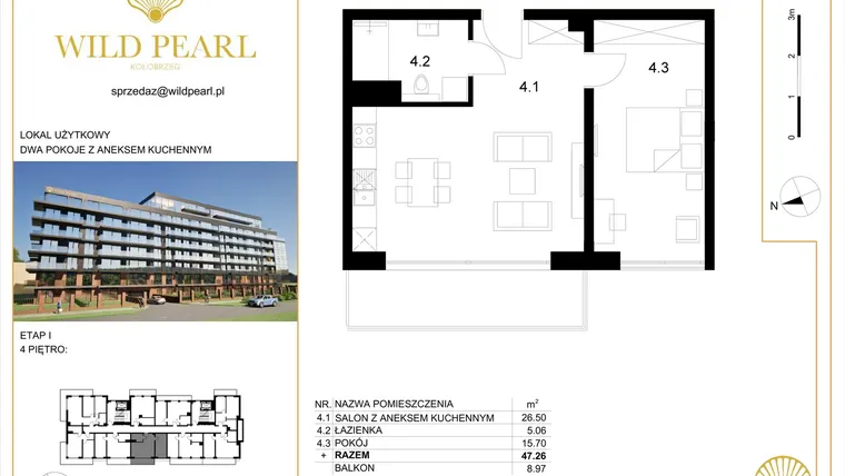 Rzut - Mieszkanie na sprzedaż 2 pokoje o powierzchni 47,26 m² - numer 37 w Wild Pearl 23% VAT