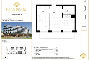 Rzut - Mieszkanie na sprzedaż 2 pokoje o powierzchni 47,12 m² - numer 4.5 w Wild Pearl 23% VAT