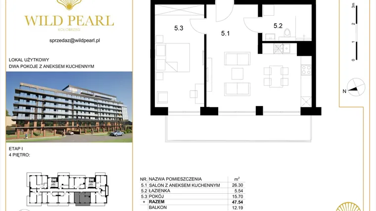 Rzut - Mieszkanie na sprzedaż 2 pokoje o powierzchni 47,54 m² - numer 38 w Wild Pearl 23% VAT