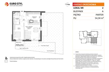 Rzut - Mieszkanie na sprzedaż 2 pokoje o powierzchni 54,34 m² - numer A2 w Osiedle Orzechowa