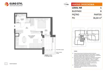 Rzut - Mieszkanie na sprzedaż 2 pokoje o powierzchni 36,64 m² - numer B1 w Osiedle Orzechowa
