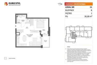 Rzut - Mieszkanie na sprzedaż 2 pokoje o powierzchni 36,68 m² - numer B11 w Osiedle Orzechowa