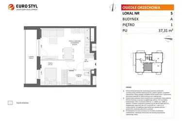 Rzut - Mieszkanie na sprzedaż 2 pokoje o powierzchni 37,31 m² - numer A5 w Osiedle Orzechowa