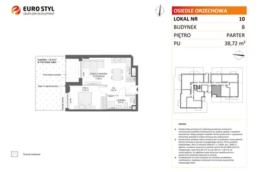 Rzut - Mieszkanie na sprzedaż 2 pokoje o powierzchni 38,72 m² - numer B10 w Osiedle Orzechowa