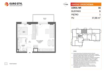 Rzut - Mieszkanie na sprzedaż 2 pokoje o powierzchni 37,88 m² - numer B16 w Osiedle Orzechowa