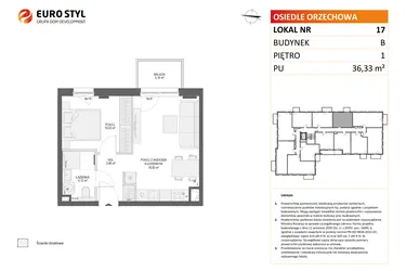 Rzut - Mieszkanie na sprzedaż 2 pokoje o powierzchni 36,33 m² - numer B17 w Osiedle Orzechowa
