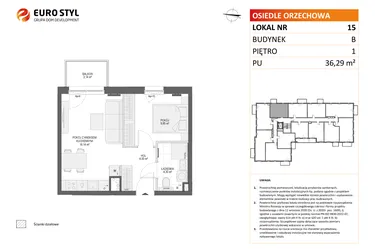 Rzut - Mieszkanie na sprzedaż 2 pokoje o powierzchni 36,29 m² - numer B15 w Osiedle Orzechowa