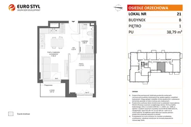 Rzut - Mieszkanie na sprzedaż 2 pokoje o powierzchni 38,79 m² - numer B21 w Osiedle Orzechowa