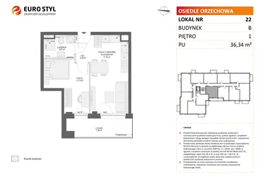 Rzut - Mieszkanie na sprzedaż 2 pokoje o powierzchni 36,34 m² - numer B22 w Osiedle Orzechowa