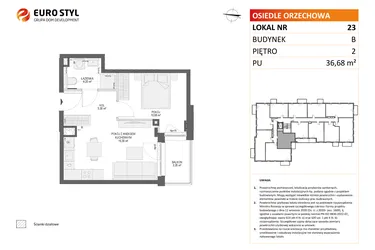 Rzut - Mieszkanie na sprzedaż 2 pokoje o powierzchni 36,68 m² - numer B23 w Osiedle Orzechowa