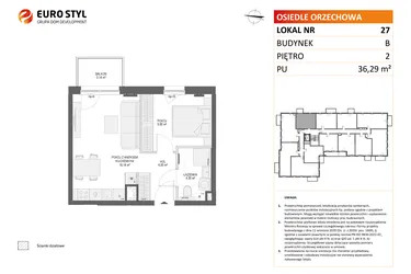 Rzut - Mieszkanie na sprzedaż 2 pokoje o powierzchni 36,29 m² - numer B27 w Osiedle Orzechowa