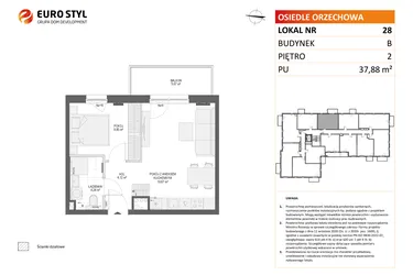 Rzut - Mieszkanie na sprzedaż 2 pokoje o powierzchni 37,88 m² - numer B28 w Osiedle Orzechowa