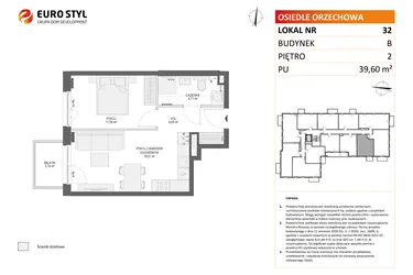 Rzut - Mieszkanie na sprzedaż 2 pokoje o powierzchni 39,6 m² - numer B32 w Osiedle Orzechowa