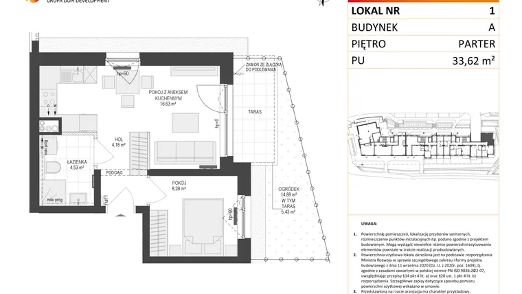Rzut - Mieszkanie na sprzedaż 2 pokoje o powierzchni 33,62 m² - numer A1 w Osiedle Warszawska etap IV
