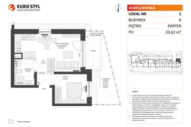 Rzut - Mieszkanie na sprzedaż 2 pokoje o powierzchni 33,62 m² - numer A1 w Osiedle Warszawska etap IV