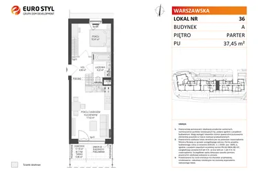 Rzut - Mieszkanie na sprzedaż 2 pokoje o powierzchni 37,45 m² - numer A36 w Osiedle Warszawska etap IV