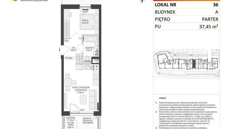 Rzut - Mieszkanie na sprzedaż 2 pokoje o powierzchni 37,45 m² - numer A36 w Osiedle Warszawska etap IV