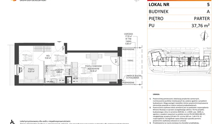 Rzut - Mieszkanie na sprzedaż 2 pokoje o powierzchni 37,76 m² - numer A5 w Osiedle Warszawska etap IV