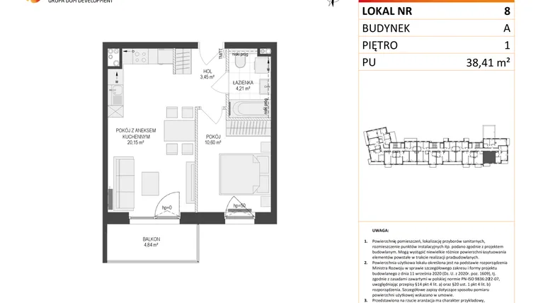 Rzut - Mieszkanie na sprzedaż 2 pokoje o powierzchni 38,41 m² - numer A8 w Osiedle Warszawska etap IV