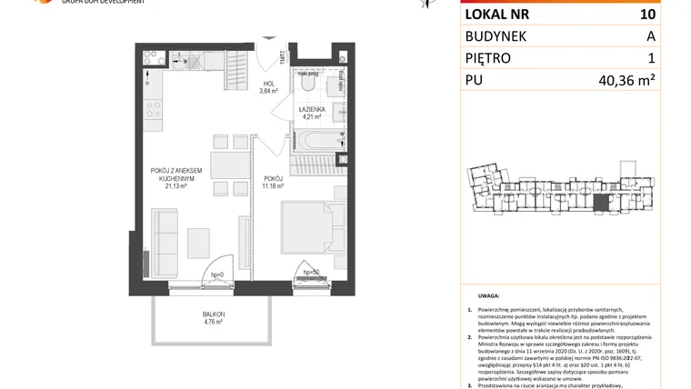 Rzut - Mieszkanie na sprzedaż 2 pokoje o powierzchni 40,36 m² - numer A10 w Osiedle Warszawska etap IV