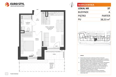 Rzut - Mieszkanie na sprzedaż 2 pokoje o powierzchni 38,53 m² - numer A37 w Osiedle Warszawska etap IV
