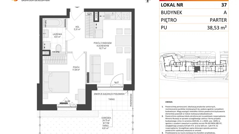 Rzut - Mieszkanie na sprzedaż 2 pokoje o powierzchni 38,53 m² - numer A37 w Osiedle Warszawska etap IV
