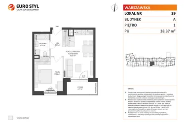 Rzut - Mieszkanie na sprzedaż 2 pokoje o powierzchni 38,37 m² - numer A39 w Osiedle Warszawska etap IV