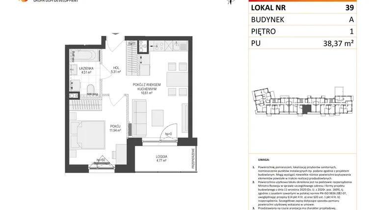 Rzut - Mieszkanie na sprzedaż 2 pokoje o powierzchni 38,37 m² - numer A39 w Osiedle Warszawska etap IV