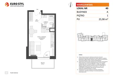 Rzut - Mieszkanie na sprzedaż 1 pokój o powierzchni 25,98 m² - numer A40 w Osiedle Warszawska etap IV