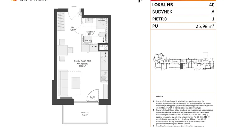 Rzut - Mieszkanie na sprzedaż 1 pokój o powierzchni 25,98 m² - numer A40 w Osiedle Warszawska etap IV
