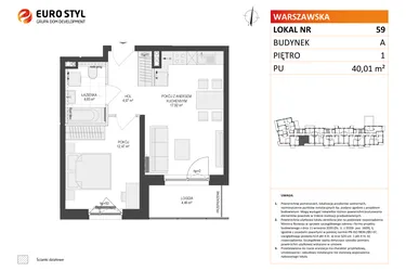 Rzut - Mieszkanie na sprzedaż 2 pokoje o powierzchni 40,01 m² - numer A59 w Osiedle Warszawska etap IV