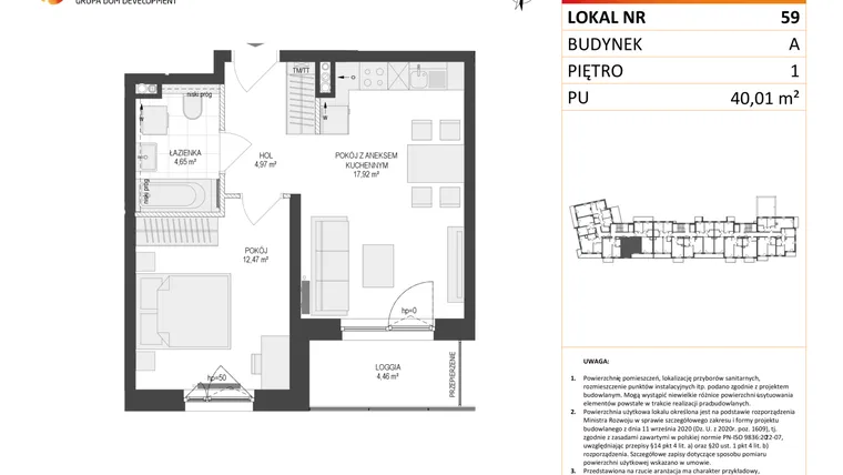 Rzut - Mieszkanie na sprzedaż 2 pokoje o powierzchni 40,01 m² - numer A59 w Osiedle Warszawska etap IV
