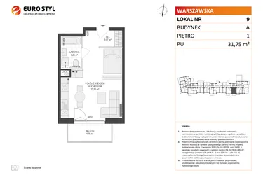 Rzut - Mieszkanie na sprzedaż 1 pokój o powierzchni 31,75 m² - numer A9 w Osiedle Warszawska etap IV