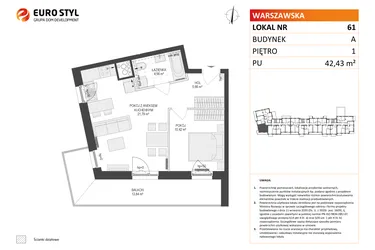 Rzut - Mieszkanie na sprzedaż 2 pokoje o powierzchni 42,43 m² - numer A61 w Osiedle Warszawska etap IV