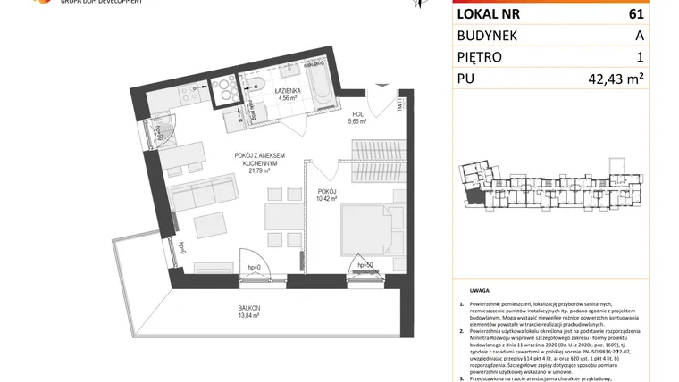 Rzut - Mieszkanie na sprzedaż 2 pokoje o powierzchni 42,43 m² - numer A61 w Osiedle Warszawska etap IV