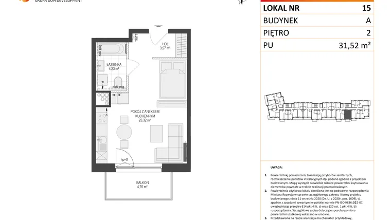 Rzut - Mieszkanie na sprzedaż 1 pokój o powierzchni 31,52 m² - numer A15 w Osiedle Warszawska etap IV