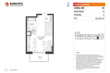 Rzut - Mieszkanie na sprzedaż 1 pokój o powierzchni 31,52 m² - numer A15 w Osiedle Warszawska etap IV
