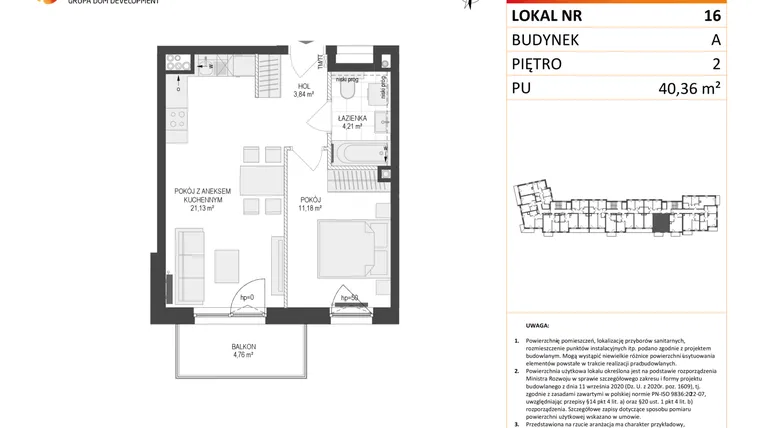 Rzut - Mieszkanie na sprzedaż 2 pokoje o powierzchni 40,36 m² - numer A16 w Osiedle Warszawska etap IV