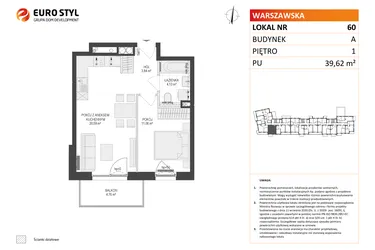Rzut - Mieszkanie na sprzedaż 2 pokoje o powierzchni 39,62 m² - numer A60 w Osiedle Warszawska etap IV