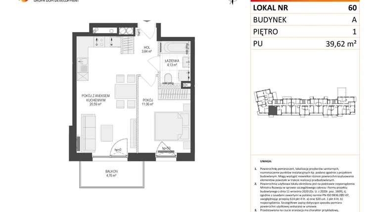 Rzut - Mieszkanie na sprzedaż 2 pokoje o powierzchni 39,62 m² - numer A60 w Osiedle Warszawska etap IV