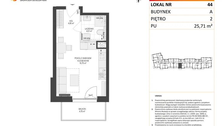Rzut - Mieszkanie na sprzedaż 1 pokój o powierzchni 25,71 m² - numer A44 w Osiedle Warszawska etap IV