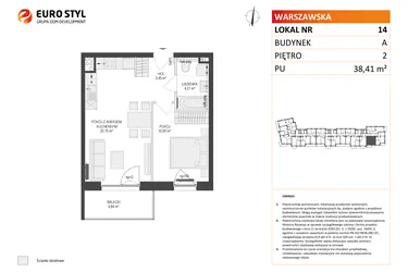 Rzut - Mieszkanie na sprzedaż 2 pokoje o powierzchni 38,41 m² - numer A14 w Osiedle Warszawska etap IV