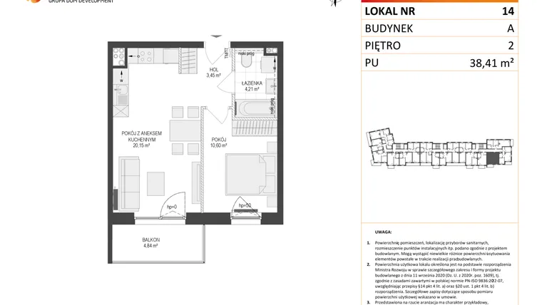 Rzut - Mieszkanie na sprzedaż 2 pokoje o powierzchni 38,41 m² - numer A14 w Osiedle Warszawska etap IV